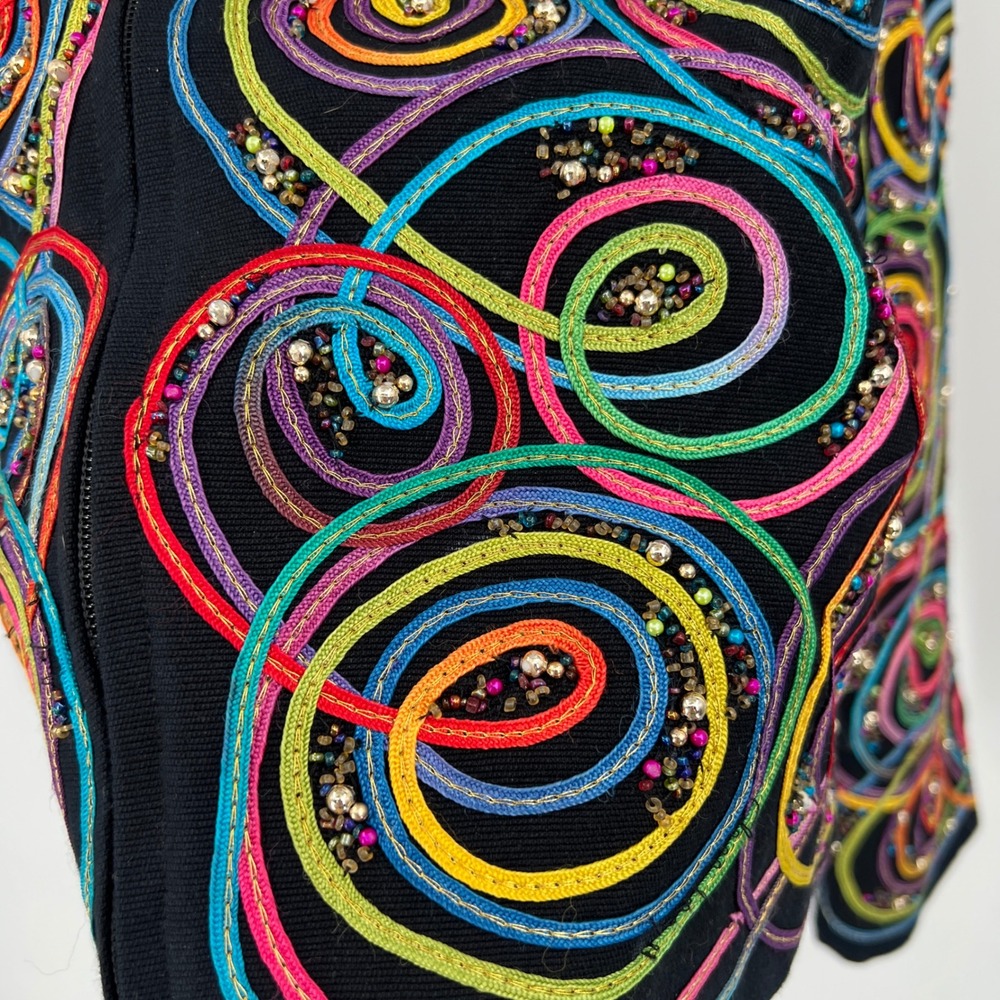 Vintage 90s Colorful Beaded Ribbon Jacket Black Circus Jester Maximalist Bright - Picture 3 of 9